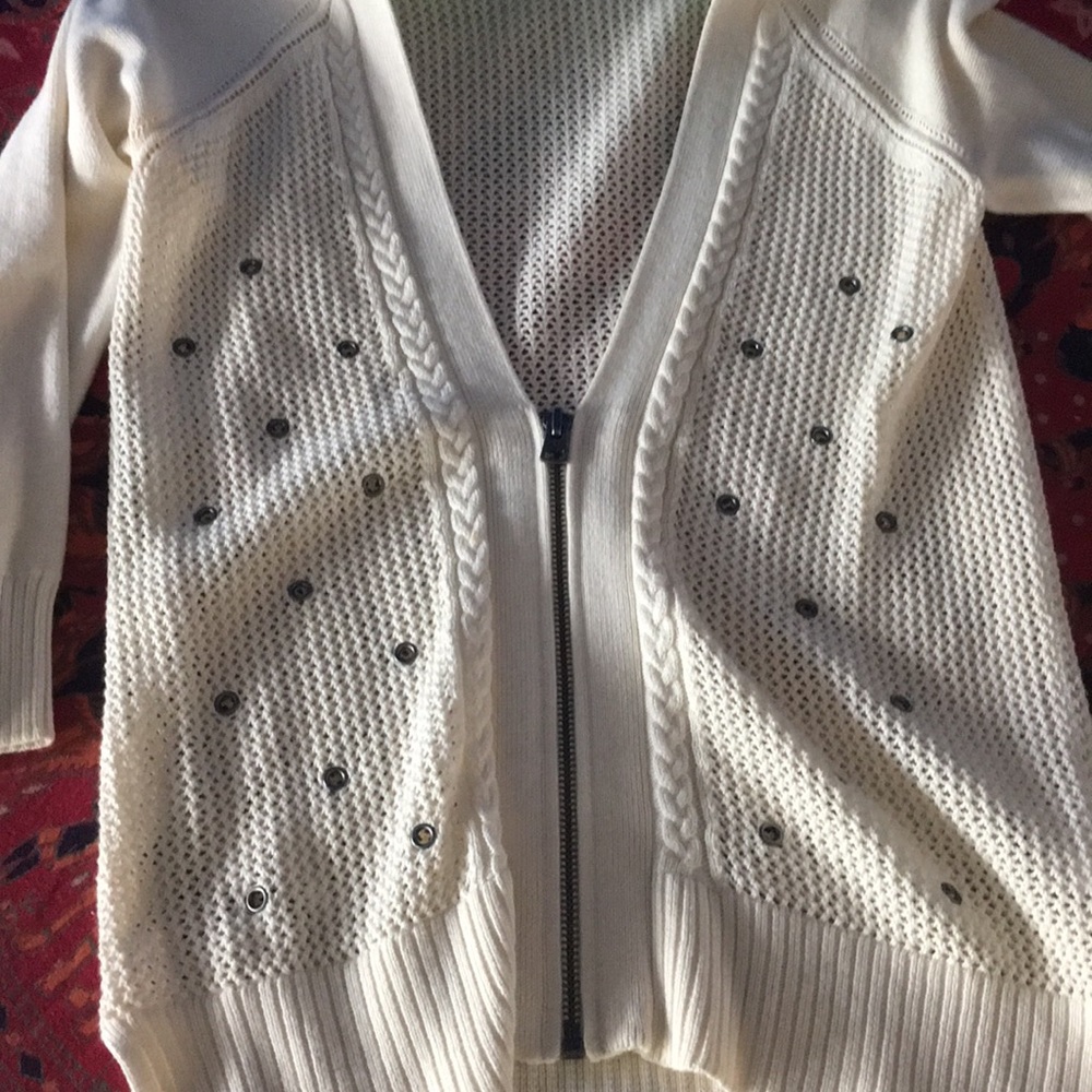 AMERICAN EAGLE Cream Knit Eyelet 1/2 Zip Cardigan - Picture 3 of 8